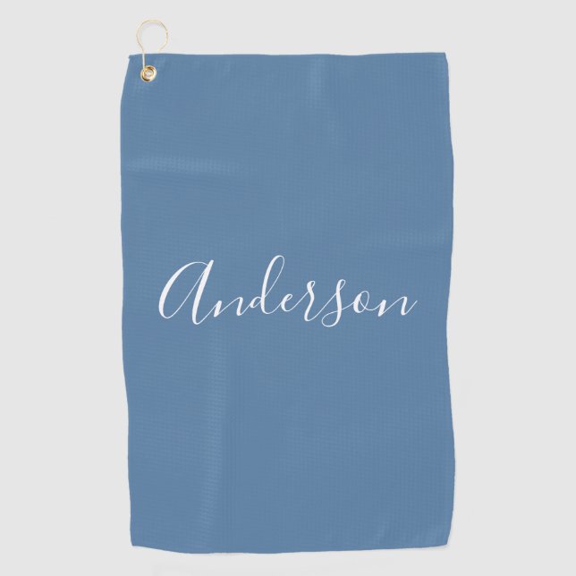 Serviette De Golf Votre nom | Élégant script blanc sur gris bleu (Devant)