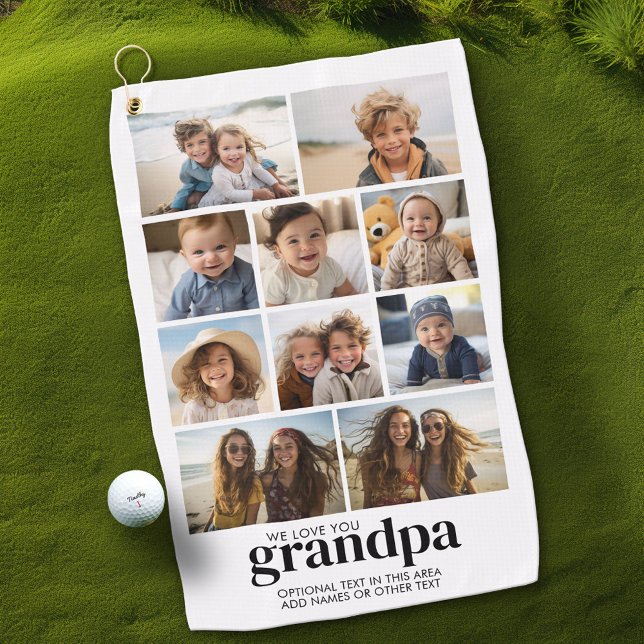 Serviette De Golf We Love You Grand-père - 10 Photo Collage - Modern (Custom Golf Towel with Photo Collage)