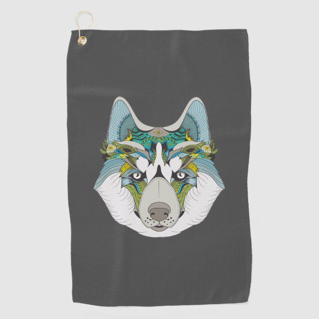 Serviette De Golf Wolf husky embelli vert bleu (Devant)