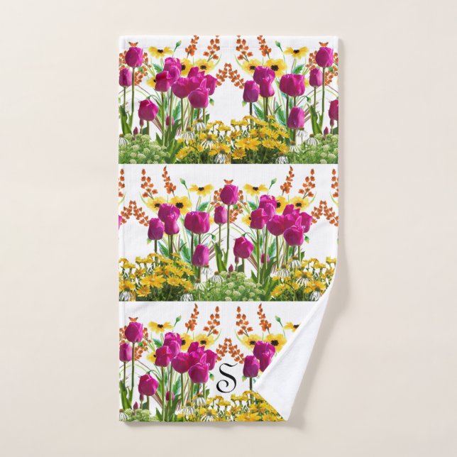 Serviette de mains à monogramme floral Tulipes Ros (Serviette à main)