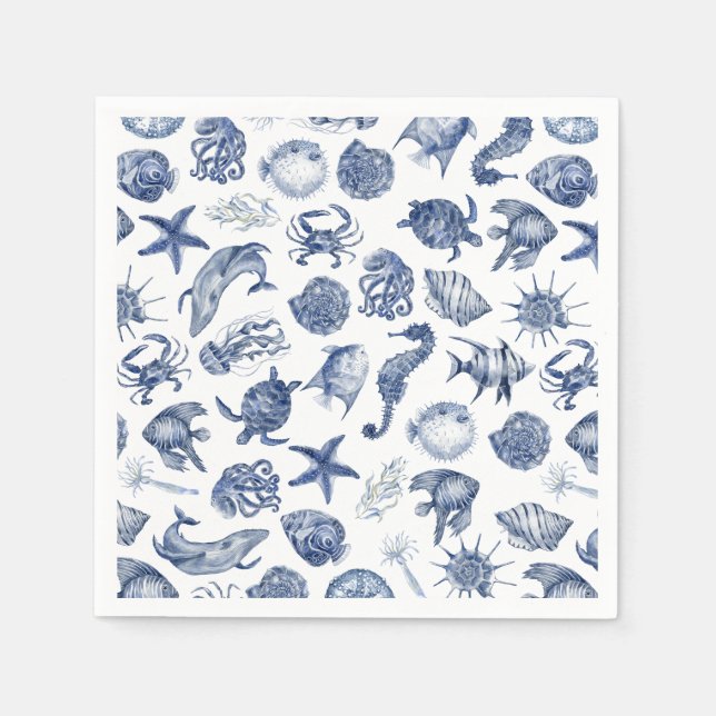 Serviette de mariage côtière bleue en papier (Devant)