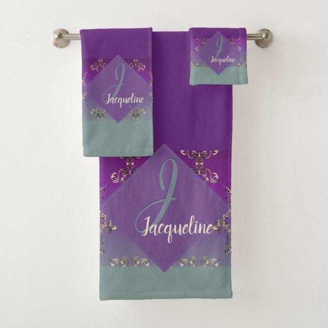 Serviette de monogramme Turquoise violet orange (En situation)