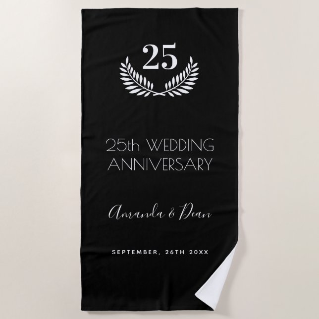 Serviette De Plage 25e anniversaire mariage couronne blanche noire (Devant)