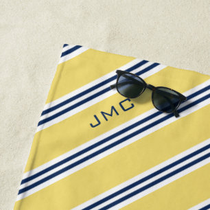 Serviette De Plage 3 lettres Monogramme rayures jaune et bleu