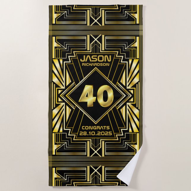 Serviette De Plage 40e anniversaire Art Déco Gold Black Great Gatsby (Devant)