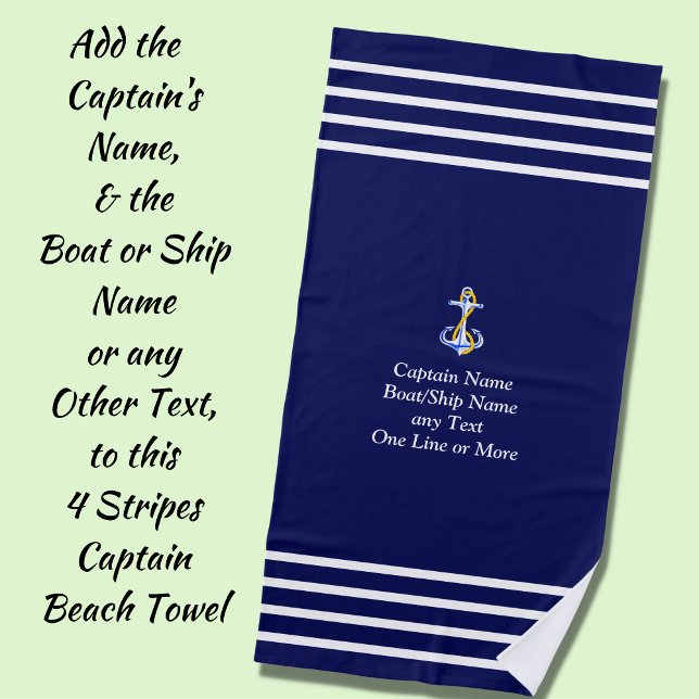 Serviette De Plage 4 bandes pour le capitaine - Ajouter votre nom ou  (Créateur téléchargé)
