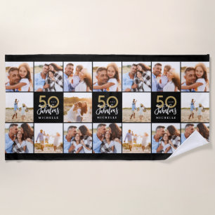 Serviette De Plage 50e anniversaire bon or noir photo collage chic b