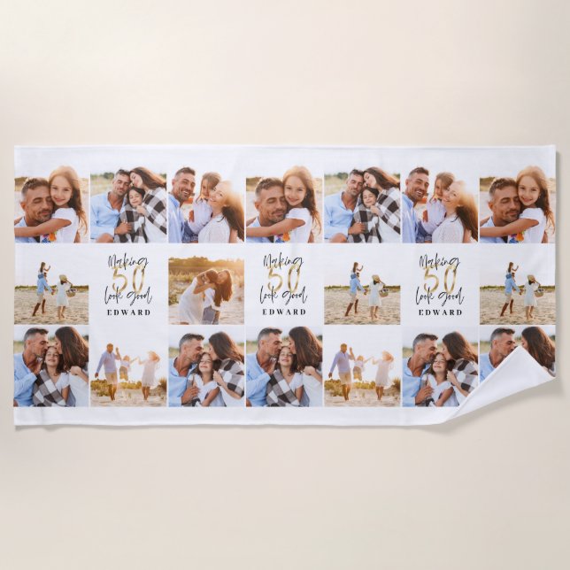 Serviette De Plage 50e anniversaire bonne or noir photo collage chic (Devant)