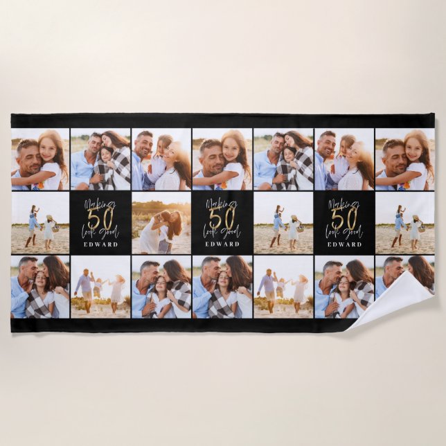 Serviette De Plage 50e anniversaire de l'or noir collage photo chic (Devant)