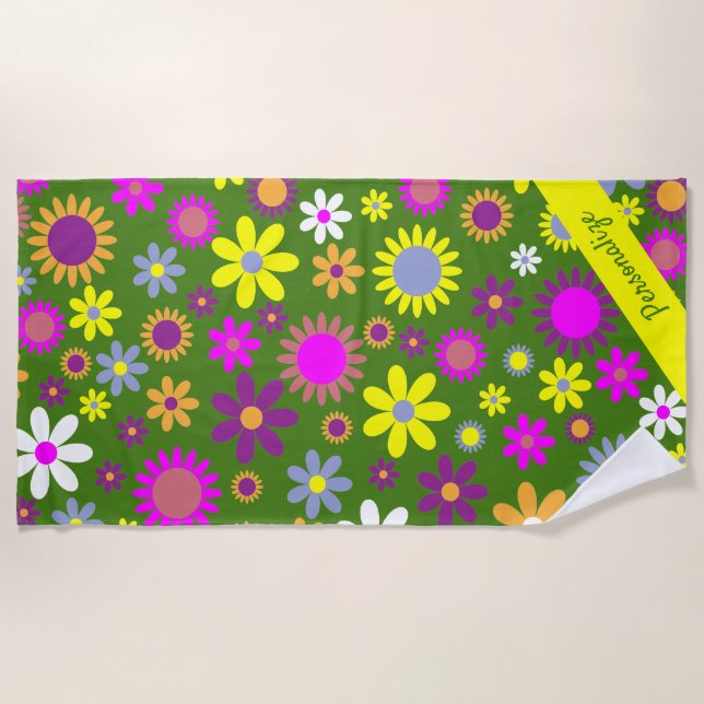 Serviette De Plage 60s Flower Green Jaune violet Nom floral (Devant)