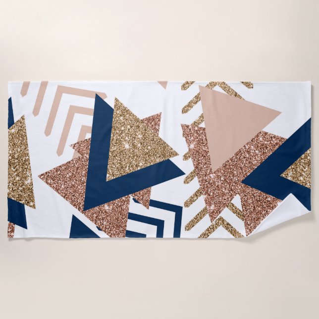 Serviette De Plage 80s Abstrait tendance | Marine et Rose Motif d'or (Devant)
