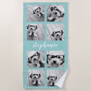 Serviette De Plage 8 Photo Collage - Nom manuscrit Pastel Blue