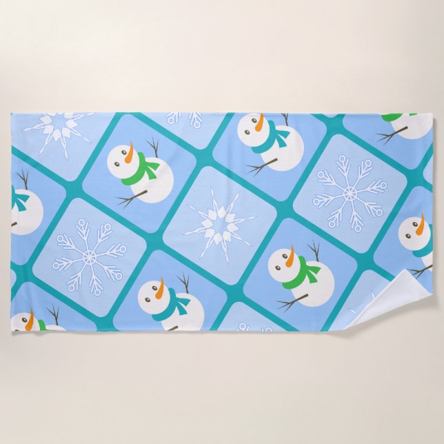 Serviette De Plage À damiers hiver bonhomme de neige motif et flocons (Devant)