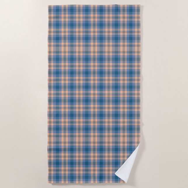 Serviette De Plage à damiers Plaid Beige Bleu Gris Et Pêche (Devant)