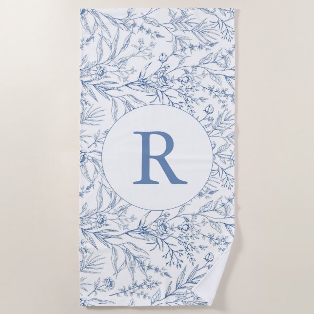 Serviette de plage à monogramme bleu à fleurs de t (Devant)