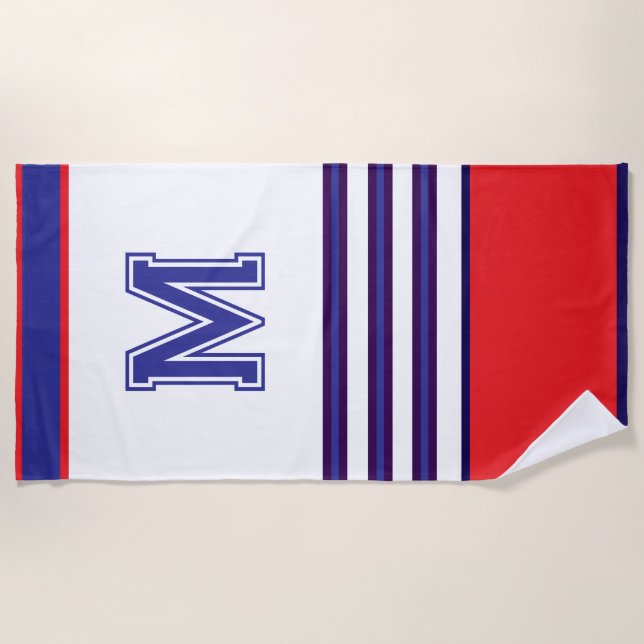 serviette de plage à monogramme rouge et bleu mode (Devant)