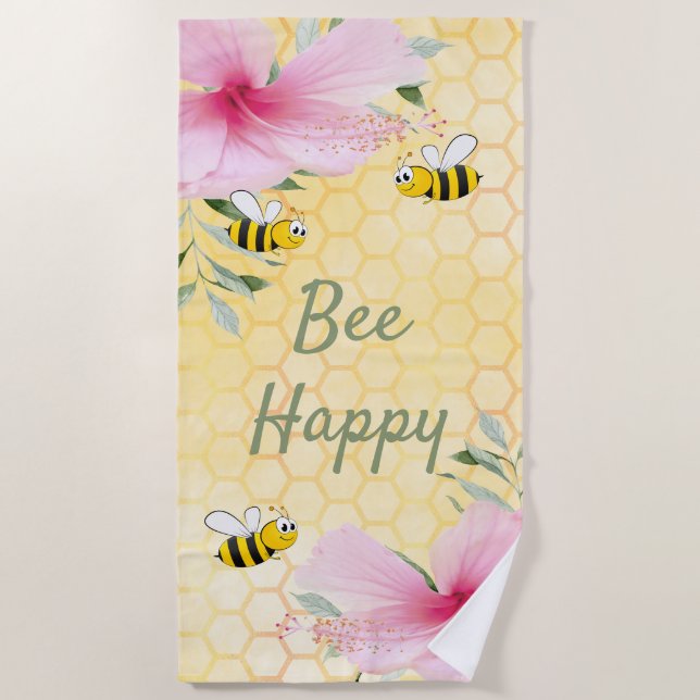 Serviette De Plage Abeille jaune Joyeux floraux roses (Devant)