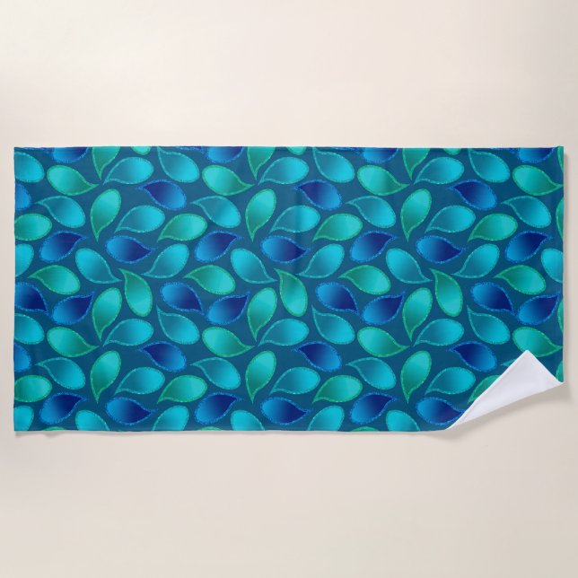 Serviette De Plage Abstrait bleu vert vert turquoise de pluie de paon (Devant)