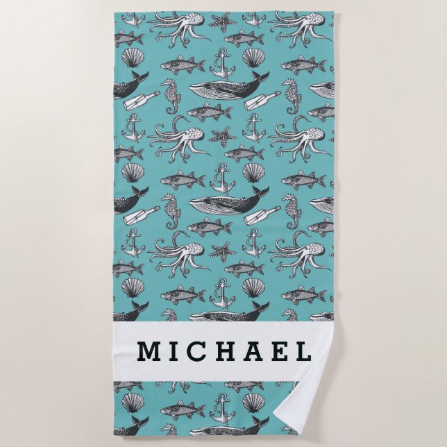 Serviette De Plage Additionnez votre | nommé tout les motif de mer (Devant)