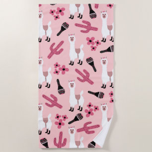 Serviette De Plage Adorable Llama Maraca Cactus blanc rose floral