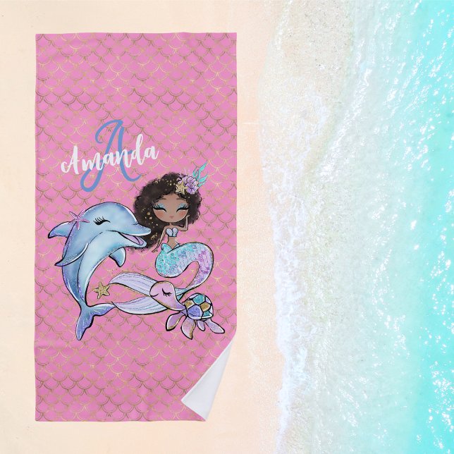 Serviette De Plage African American Mermaid Custom Name Girl (African American Mermaid Custom Name Girl Beach Towel
)