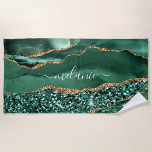 Serviette De Plage Agate Green Gold Emerald Nom personnalisé Beach To