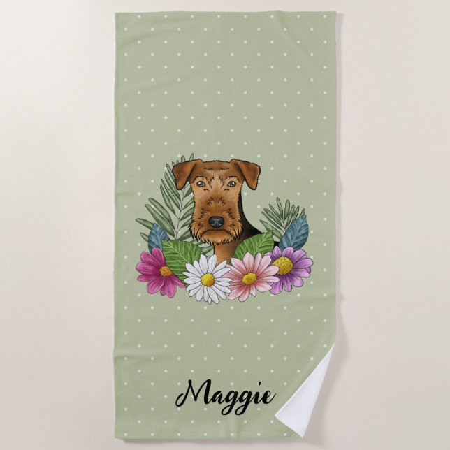 Serviette De Plage Airedale Terrier Aux Fleurs Colorées Et Nom (Devant)