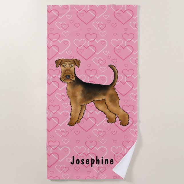 Serviette De Plage Airedale Terrier Chien Avec Coeurs Rose Et Nom (Devant)