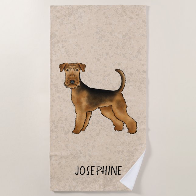 Serviette De Plage Airedale Terrier Cute Dessin Chien Et Nom Beige (Devant)