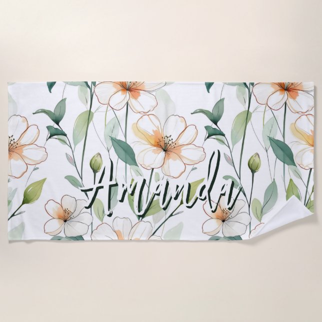 Serviette De Plage Airy White Flowers Greenery Pattern Blossom Floral (Devant)