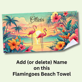 Serviette De Plage Ajouter le nom Beach Sunset Flamants roses Fleurs