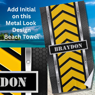 Serviette De Plage Ajouter le nom Black Yellow Silver Metal Look & Fl