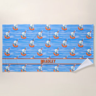 Serviette De Plage Ajouter le nom Texte, Bleu Blancs et Bateau à voil
