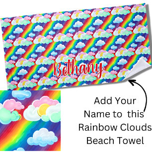 Serviette De Plage Ajouter le nom Texte, Rainbow Cotton Candy Nuages