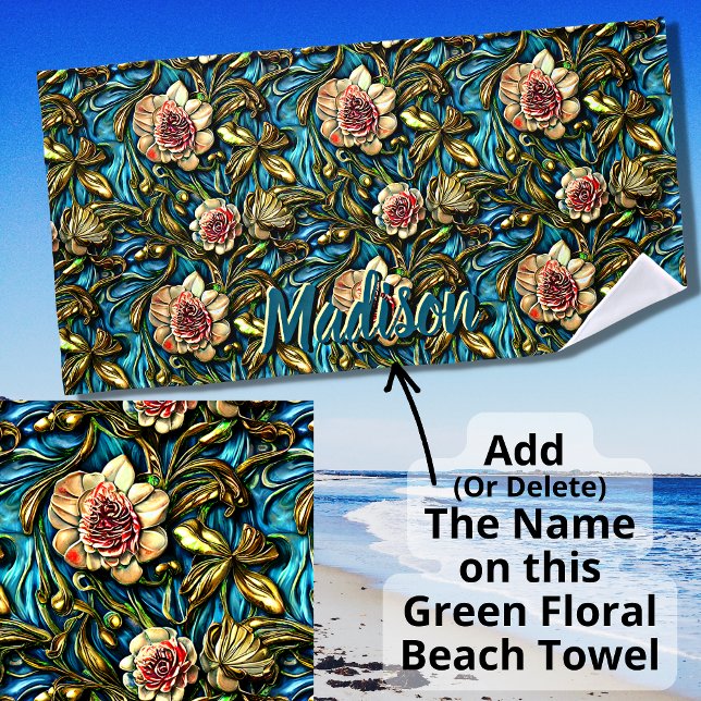 Serviette De Plage Ajouter Nom, Fleurs roses 3D Feuilles verts sur bl (Créateur téléchargé)
