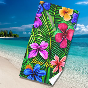 Serviette De Plage Ajouter Nom, Fleurs tropicales stylisées et Feuill