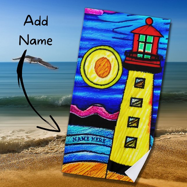 Serviette De Plage Ajouter Nom, Phare au soleil, Rouge Jaune Bleu (Créateur téléchargé)
