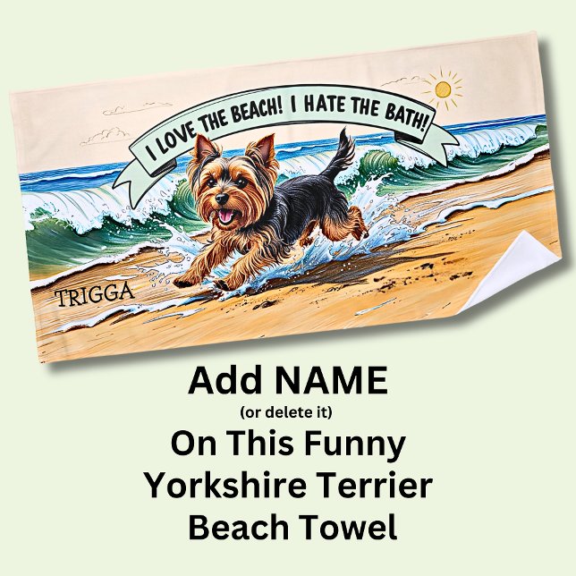 Serviette De Plage Ajouter Nom, Yorkshire Terrier Courir dans les vag (Créateur téléchargé)