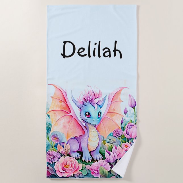 Serviette De Plage Ajouter un nom - Bébé Dragon Ailes & Fleurs sur Bl (Devant)