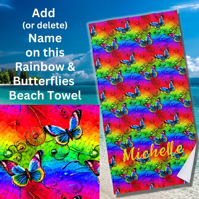 Serviette De Plage Ajouter un nom, des papillons couleur sur Rainbow (Créateur téléchargé)