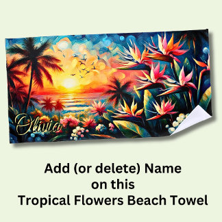 Serviette De Plage Ajouter Un Nom Fleurs Tropicales Roses Oranges Pal