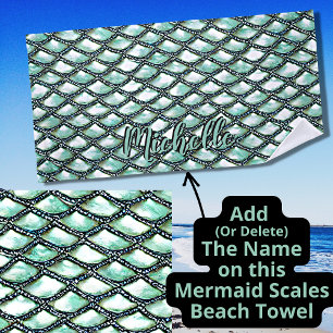 Serviette De Plage Ajouter un nom, Mermaid Aqua Scales Pearl Silver D