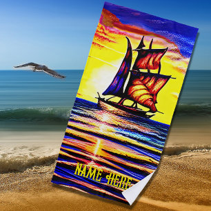 Serviette De Plage Ajouter un nom, navire à voile Abstrait avec voile