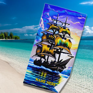 Serviette De Plage Ajouter un nom, Stylisé Brown Pirate Voilier bleu