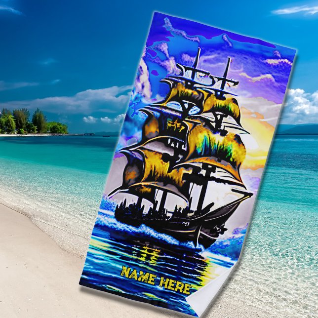 Serviette De Plage Ajouter un nom, Stylisé Brown Pirate Voilier bleu (Créateur téléchargé)