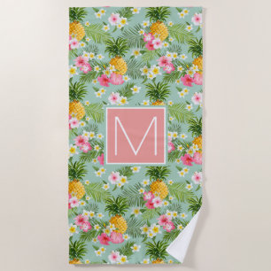 Serviette De Plage Ajouter votre monogramme   Fleurs tropicales et an