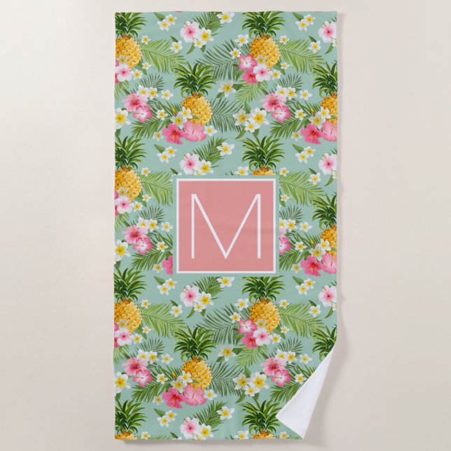 Serviette De Plage Ajouter votre monogramme | Fleurs tropicales et an (Devant)