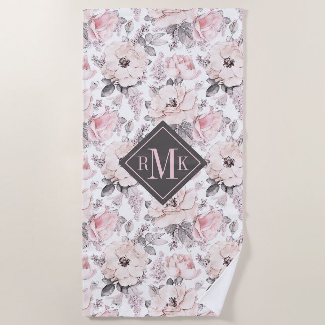 Serviette De Plage Ajouter votre monogramme| Motif rose et gris class (Devant)
