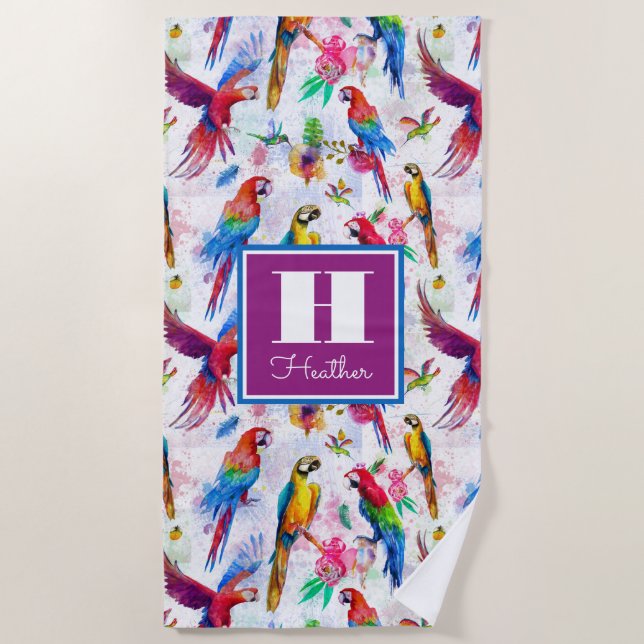 Serviette De Plage Ajoutez vos perroquets nommés de style d'aquarelle (Devant)