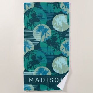 Serviette De Plage Ajoutez votre nom | Palmiers tropicaux géométrique